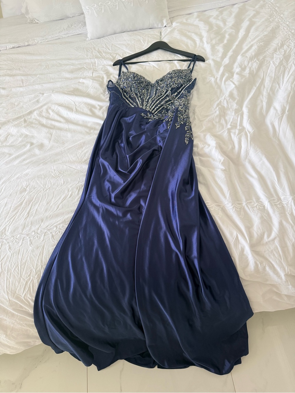 Elegant Navy Beaded Strap Evening Gown